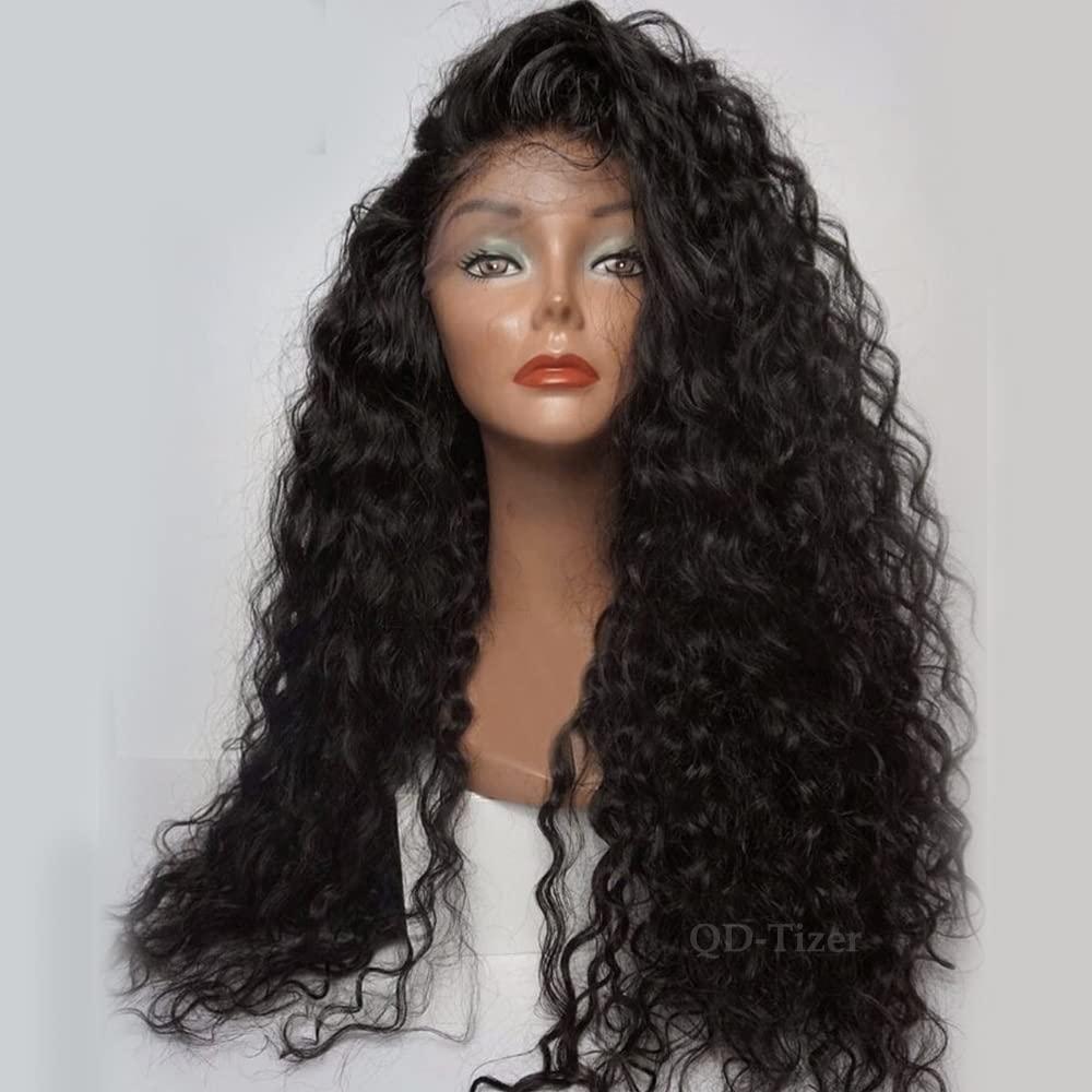 QD-Tizer Loose Curly Hair Wigs Synthetic Lace Front Wigs for Black Women Black Long Curly Lace Front Wigs with Baby Hair Heat Resistant 180% Density