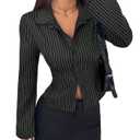 Floerns Women's Striped Button Down Shirts Long Sleeve Business Casual Blouse Top Black Small