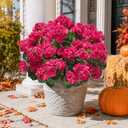 Artificial Geranium Fake Flowers for Outdoors Decoration, 6 Bundles Silk Geraniums Flower UV Resistant Look Real Faux Plants for Outside Planter Front Door Garden Patio Balcony Yard Home, Hot Pink
