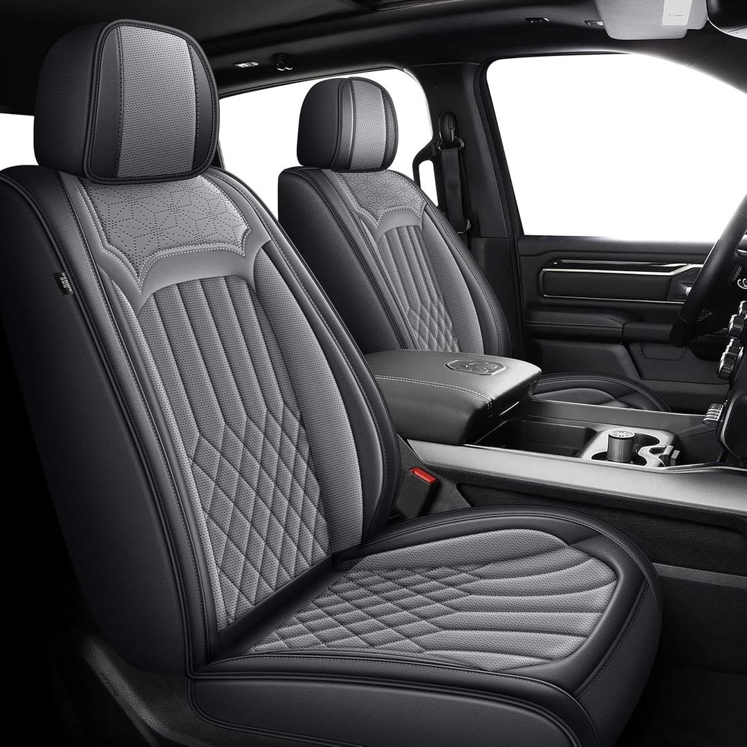 IKABEVEM Seat Covers Fit for Dodge RAM 1500 2002-2024: Custom Fit RAM 1500 2500 3500 Car Seat Cover Truck Pickup Crew Double Quad Cab Faux Leather(Curved Bench, Front Pair, Black&Grey)