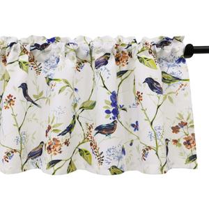 VOGOL Blue Valance Curtains for Living Room, Linen Textured Bird and Flower Print Window Treatment Rod Pocket Window Valances for Bathroom, 52 x 14, One Piece