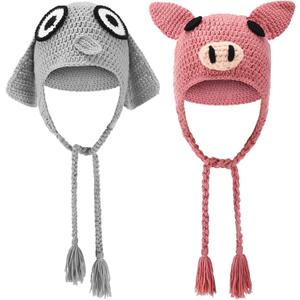 2 Pcs Crochet Hats Elephant Pig Designed World Book Day Character Costumes Accessory Handmade Realistic 3D Head Eyes for Cosplay Parties Photo Props Halloween Dress up