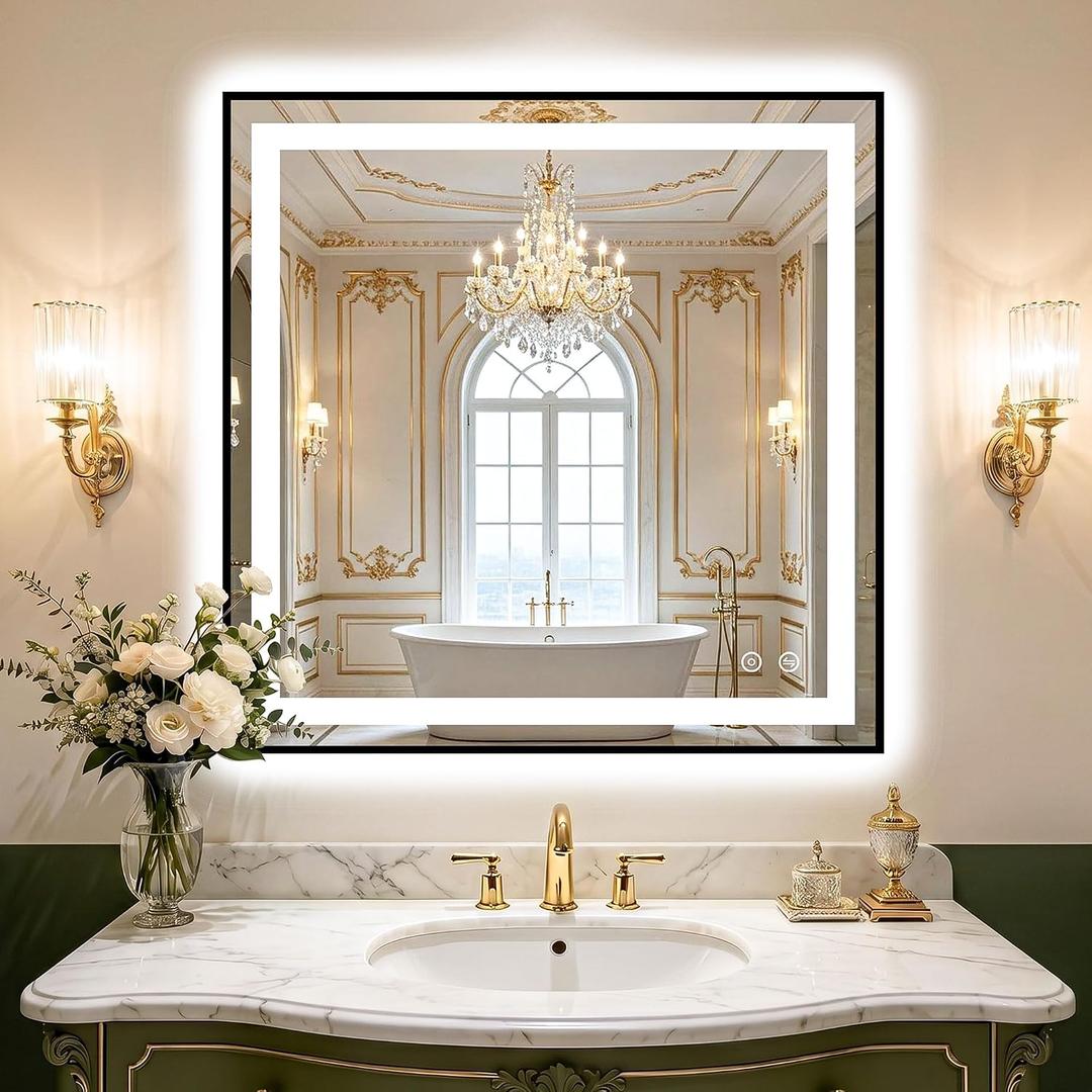 Led Bathroom Mirror with Light, 30x30 Bathroom Vanity Mirror for Wall with Frame, Anti-Fog, Dimmable 3 Colors, Memory Function, Backlit and Front Lit, Shatter-Proof Glass, Plug-in/Hardwired