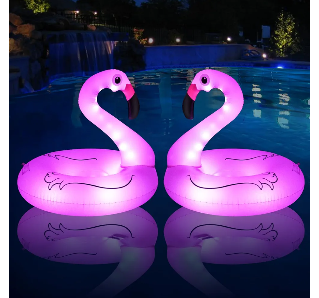 Inflatable Flamingo Pool Floats with Lights, FlyfreeU Solar Powered Flamingo Swim Tube Rings, 42'' Lake Beach Floaties Swimming Rings Summer Pool Raft Lounger for Adults Water Party Supplies 2 piece