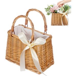 PRETYZOOM Rattan Basket with Handle Small Woven Flower Storage Bag Portable Decorative Basket for Wedding Party Home Garden (23.50X15.50X13.00CM, White)
