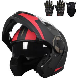 Adult Modular Motorcycle Helmets, DOT Approved Flip up Dual Visor Full Face Helmet for Men Women Moto ATV UTV Snowmobile ADV Four Wheeler Street Bike with Gloves & Mask, Black Red, L
