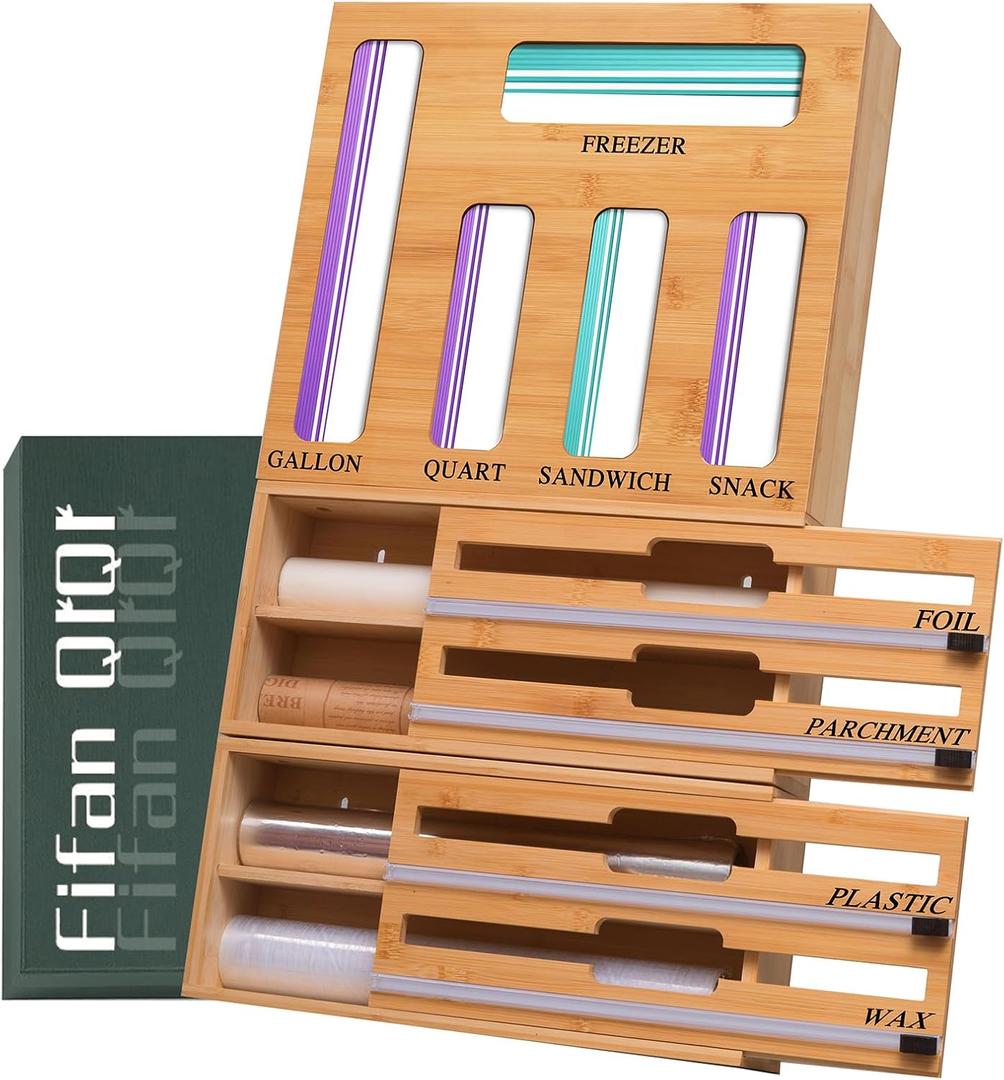 9 In 1 Storage Bag Organizer And Plastic Wrap Dispenser With Cutter, Bamboo Foil and Plastic Wrap Organizer