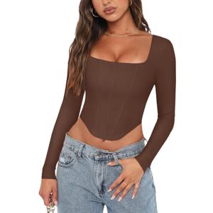 REORIA Womens Trendy Sexy Square Neck Long Sleeve Backless Y2K Going Out Boned Bustier Corset Crop Tops (Small, Coffee)