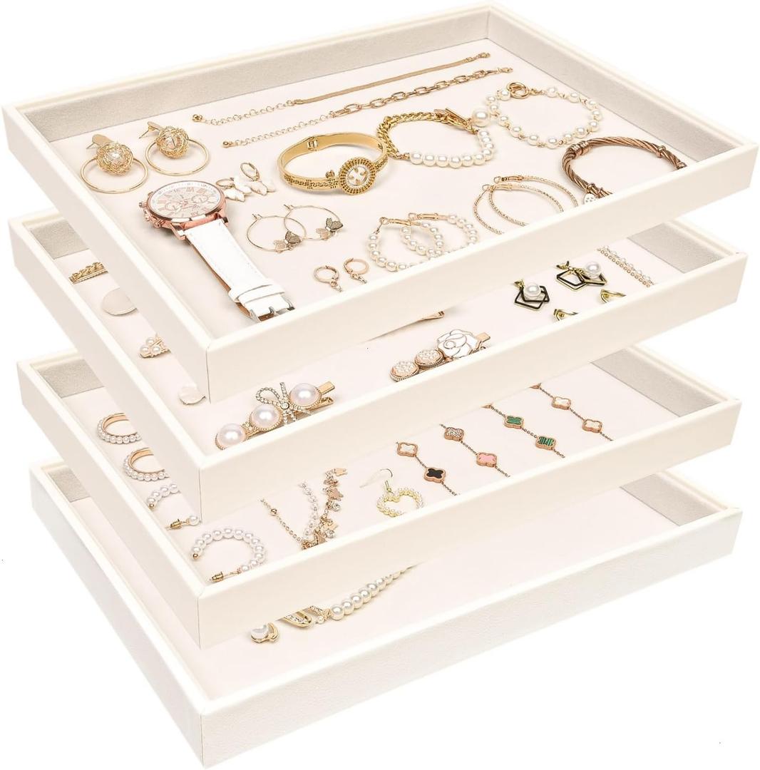 Beige Velvet Jewelry Trays for Drawers Black Jewelrys Display Tray Stackable Jewelry Organizer Trays for Necklace Bracelet Ring Watch (4 Pack)