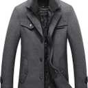 chouyatou Men's Gentle Layered Collar Single Breasted Quilted Lined Wool Blend Pea Coats (Large, Grey)