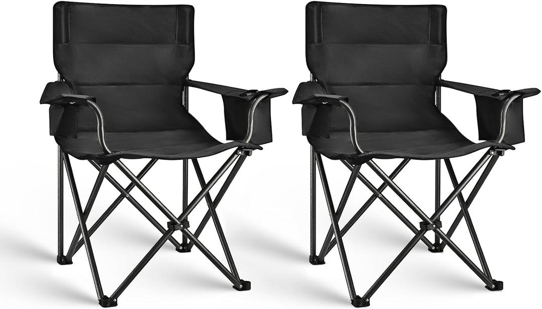 2 Pack Camping Chair Folding Heavy Duty with Cup Holder & Cooler Bag, Oversized Portable Lawn Chair for Adults, Tall and Lightweight, 300 lbs Capacity, for Beach, Fishing, Sports, Travel (Black)