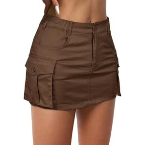 Womens Mini Cargo Skirts Y2k Denim Skirt with Pockets Low Waist Button Jean Skirts for Women (Small, Brown)