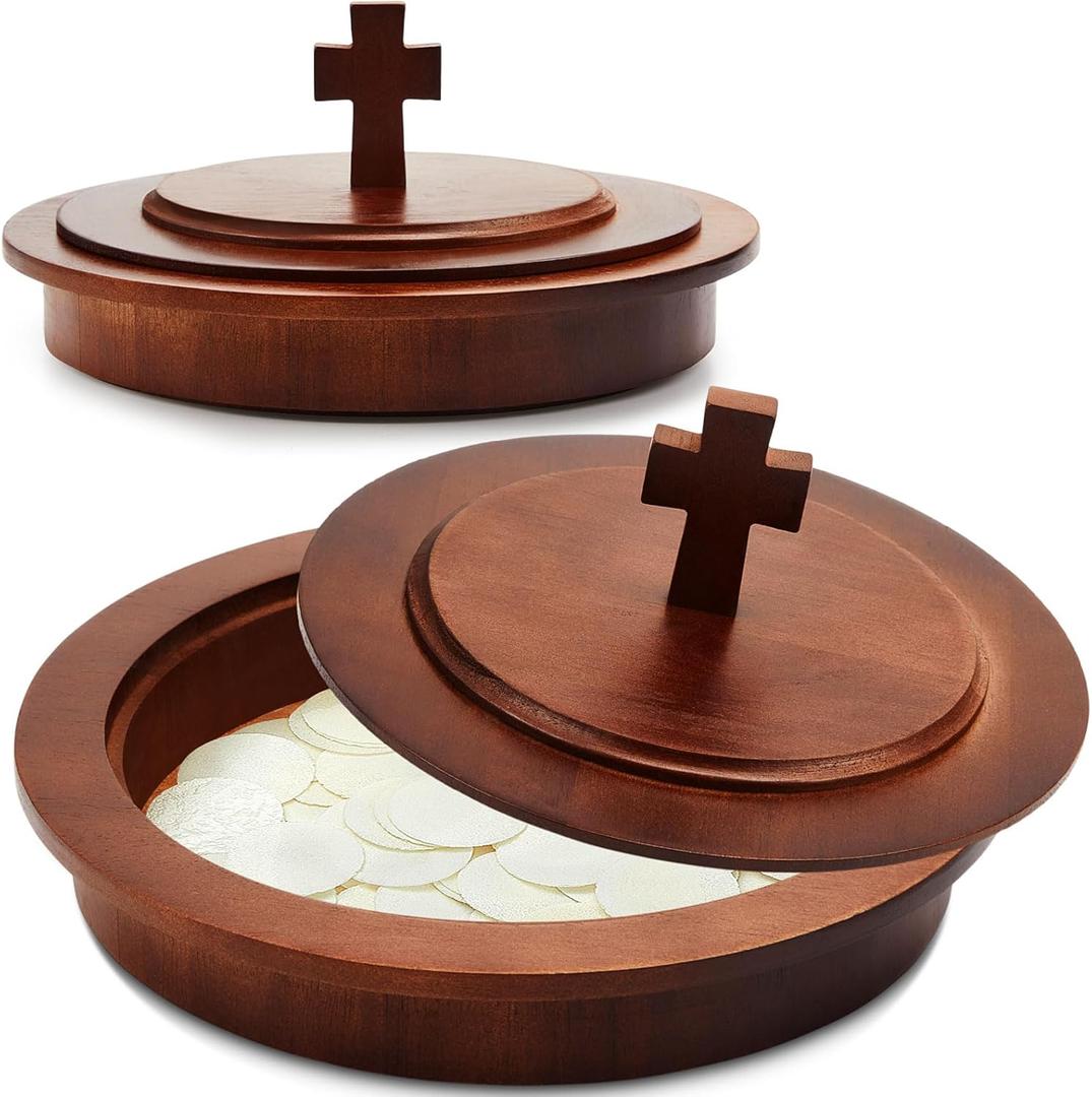 1 Pcs Plates Wood Communion Set with Lid, Wooden Bread Tray Plates for Churches, Holy Communion Tray with Cover, Church Supplies Ware Sets