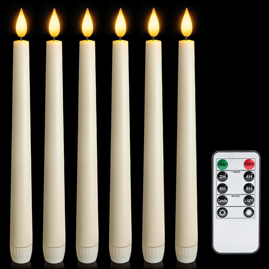 6 Pcs Flameless Taper Candles with Remote, Timer, Plastic Battery Operated Window Candles, 9.6 Inches Ivory LED Candlesticks, for Halloween Christmas Home Decoration