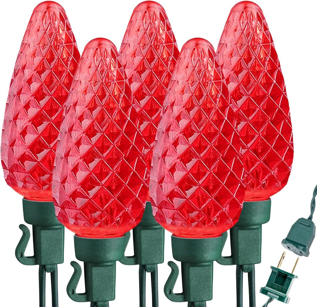 Brizled Red String Lights, 16ft 25 LED Faceted C9 Chrsitmas Lights, Connectable 120V UL Certified Tree Lights, Indoor Outdoor Christmas String Lights for Xmas, Patio, Party