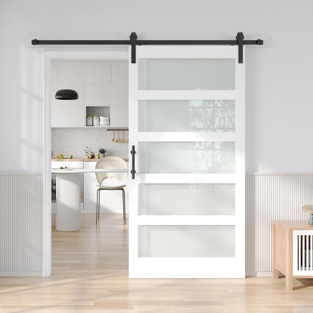 Fredbeck 42in x 84in White Glass Barn Door with 7FT 84inch Sliding Doors Hardware Kit Included & Handle,PVC Surface,Need to Assembly,Water-Proof