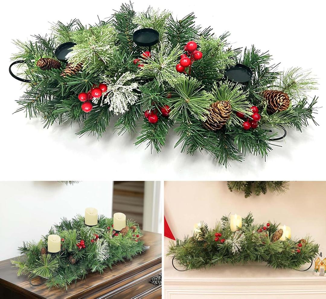 TURNMEON 30 Inch Large Artificial Christmas Table Centerpiece with 3 Candle Holders, Red Berries and Pine Cones, Christmas Candle Holder Table Accent Centerpiece for Indoor Home Decoration
