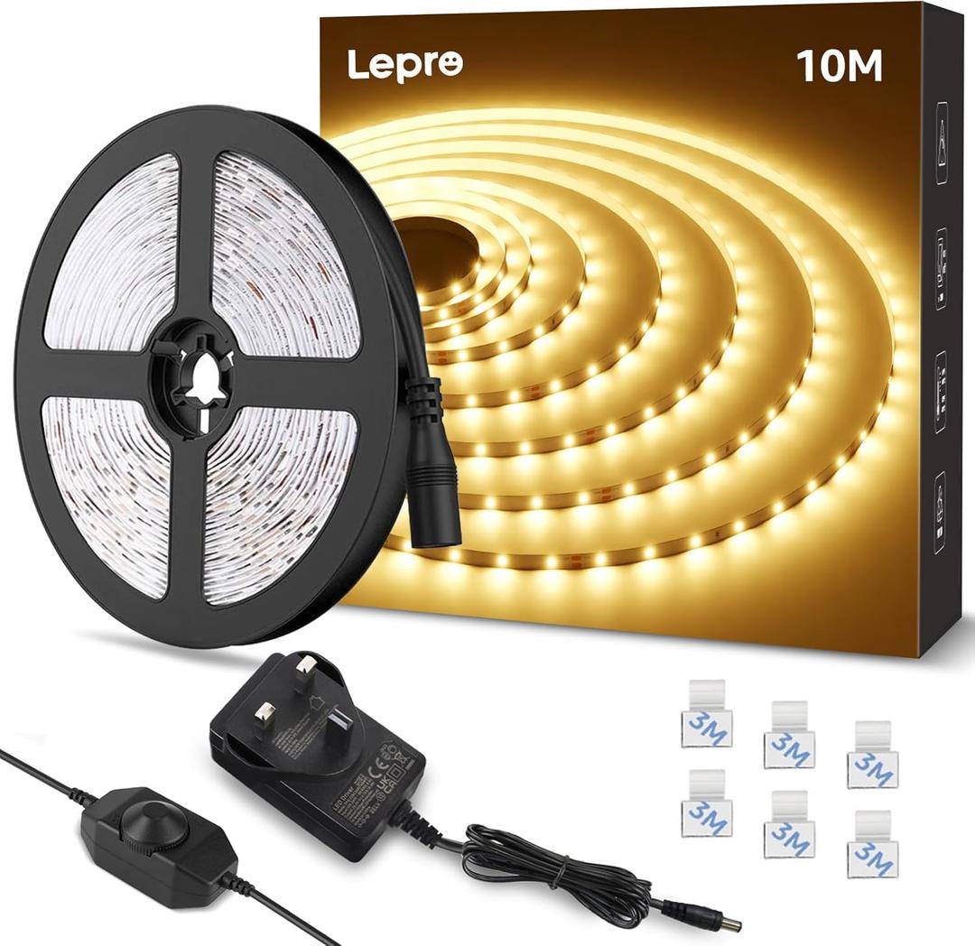 Lepro LED Strip Light Warm White 10M, 2000lm Dimmable LED Taple, 24V UK Plug in LED Strip with Dimmer Switch, 3000K Flexible Stick-on LED Lights for Bedroom, Kitchen, Cupboard, Shelf (1 Roll) [Energy Class E]