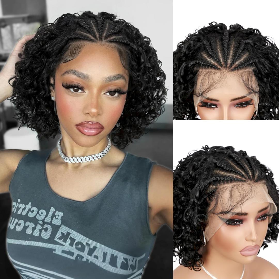 quickwig Braided Wigs for Black Women Short Curly Bob Wig 13x4 Lace Front Wigs Pre Braided Handmade Cornrow Wig Glueless Bob Wigs Synthetic Curly Braids Wig Natural Black