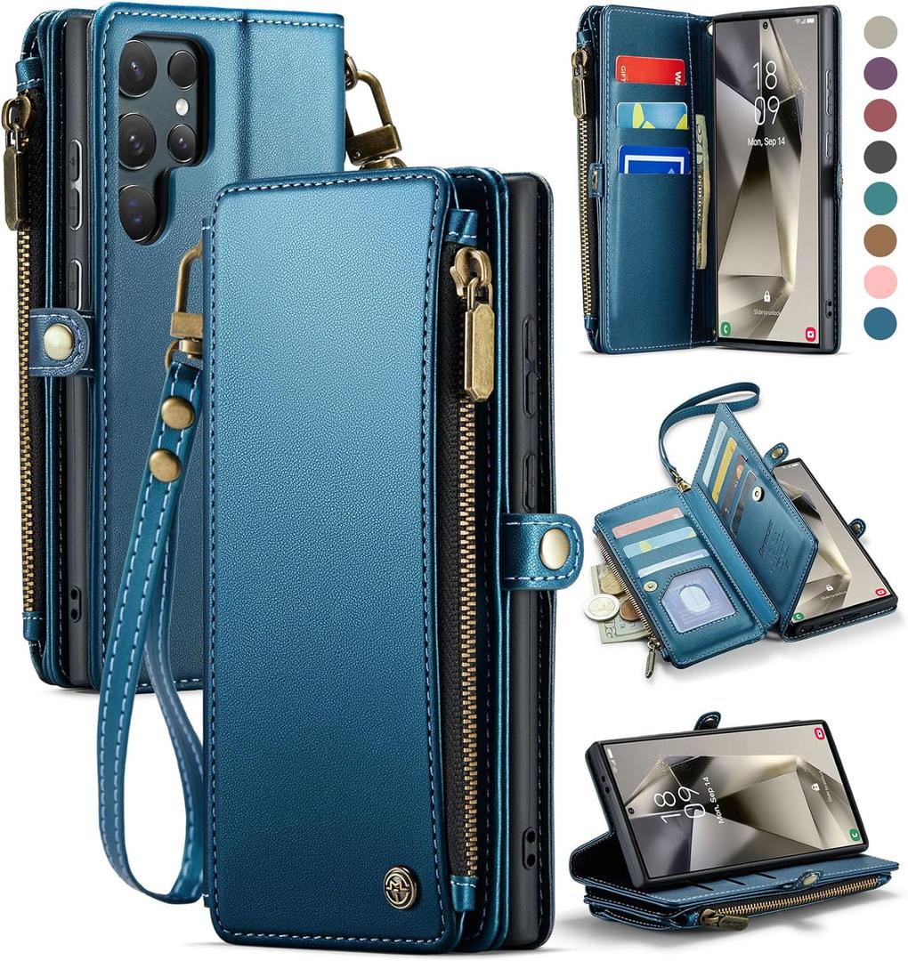 Defencase Compatible with Samsung Galaxy S24 Ultra Case Wallet with RFID Blocking Card Holder for Women Men, PU Leather Magnetic Snap Flip Zipper Strap Phone Case Fit for Galaxy S24 Ultra 5G, Blue