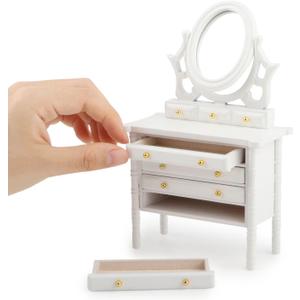 Miniature Dollhouse Vanity Table 1 12 Furniture Makeup Dressing Table with Mirror and 4 Drawers Mini House Accessories Bedroom Living Room Scene Decoration (White)