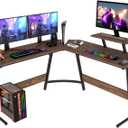 PayLessHere L Shaped Desk Corner Gaming Desk Computer Desk with Large Desktop Studying and Working and Gaming for Home and Work Place,Brown