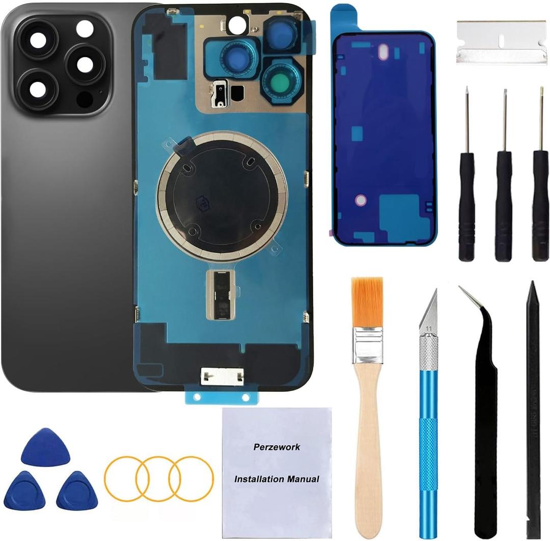 Rear Back Glass Replacement for iPhone 16 Pro 6.3-inches + Pre-Installed Plate and Camera Frame and Lens + Reparing Tool Kit (Black Titanium)