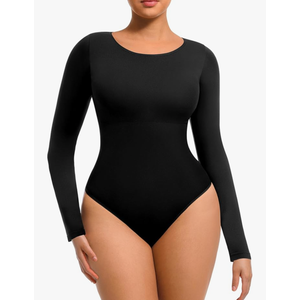 FeelinGirl Tummy Control Bodysuit for Women Long Sleeve Shapewear Thong Body Suit M/L