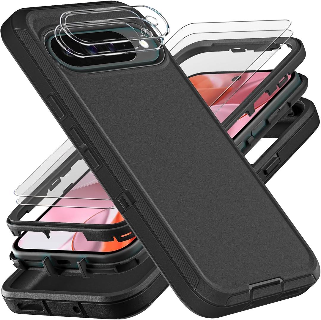 for Google Pixel 10 Case, Military Grade 3 in 1 Heavy Duty Shockproof/Drop Proof/Dust Proof Case with 2Pcs Tempered Glass Screen Protector & Camera Lens Protector (Black/Black)