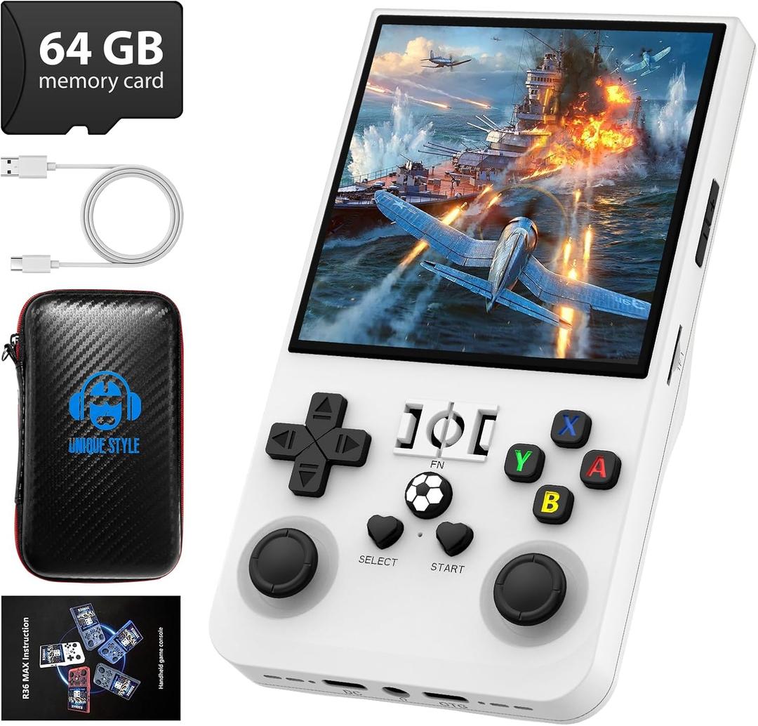 DVJQSN R36MAX Retro Handheld Game Console, 4.0 Inch 720x720 IPS Screen, Built-in 18,000+ Classic game, Portable Hand Held Open Source Linux System, 4000mAh Battery retro gaming console (White 64GB)