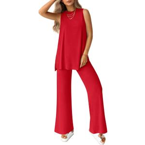 PRETTYGARDEN Women's 2 Piece Lounge Set 2025 Summer Casual Loose Tank Top Wide Leg Pants Matching Travel Outfits Tracksuit (XX-Large, Red)