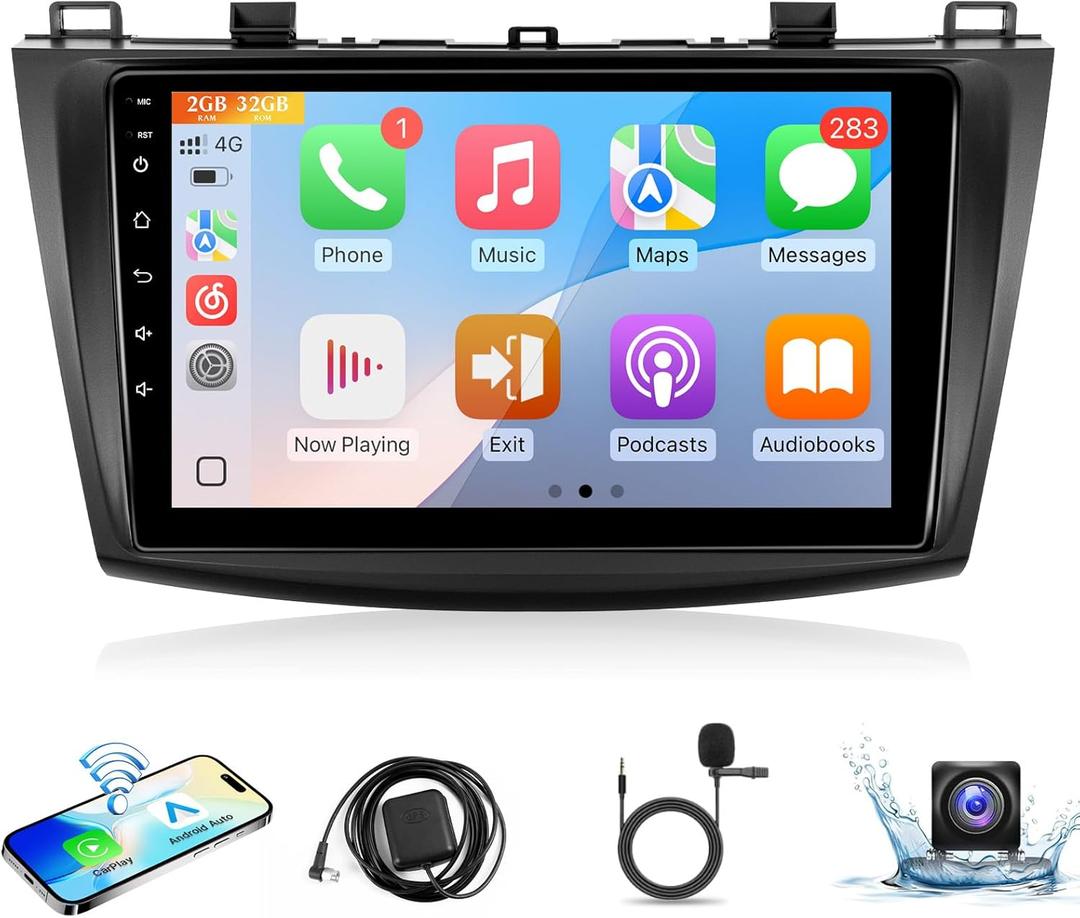 Leadfan Car Radio Stereo for Mazda 3 2009 2010 2011 2012 2013 Stereo Wireless CarPlay/Android Auto/Mirrolink 9 inch Touch Screen for Mazda 3 Head Unit/GPS/Bluetooth/FM/AHD Camera/Mic