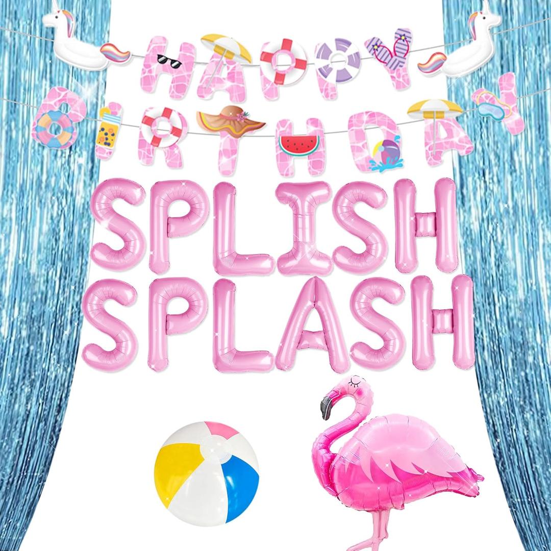 JeVenis Splish Splash Birthday Decorations Balloons Pool Birthday Party Banner Summer Pool Party for Boys Summer Beach Party Hawaiian Luau Tropical Party Decorations (pink)