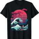 Great Wave off Kanagawa Retro Glitch Aesthetic Vaporwave T-Shirt (Small, Black)