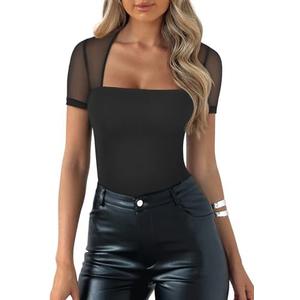 REORIA Women's Sexy Square Neck Short Sleeve Mesh Double Lined Slimming 2025 Trendy Going Out Bodysuits Tops Black X-Large