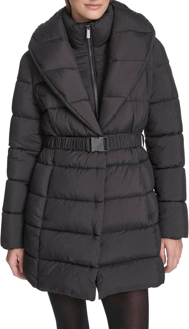 Kenneth Cole New York Women's Pillow Collared Fashion Puffer With an Inner Bib Removeable Buckle, M