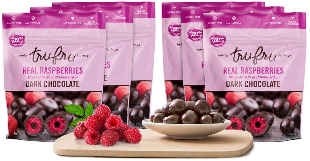 Tru Fru RASPBERRY PACK | 100% Freeze-Dried Fresh Raspberries Covered in Premium Dark Chocolate. 6ct-Pack Case, 4.2oz, 24 Servings (6-Raspberry) (EXP 12/31/2026)