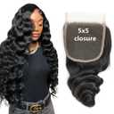 Brazilian Loose Wave 5x5 Lace Closure 100% Unprocessed Human Virgin Hair Pre Plucked Loose Deep Wave Pre-Plucked Hairline Frontal Closure Natural Black With Baby Hair (5x5 loose wave closure, 18inch)