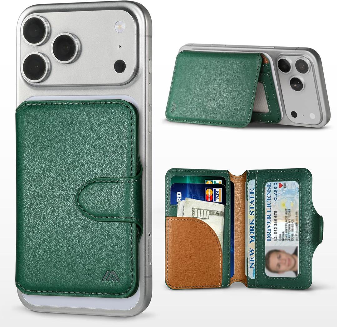 for MagSafe Wallet, Magnetic Phone Wallet RFID Blocking, Slim 5-8 Card Holder with Cash Slot & Clear ID Window, Minimalist Mag Safe Wallets for iPhone 17/16/15/14/13/12 Series, Forest Green