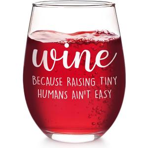 Futtumy Raising Tiny Humans Ain’t Easy Stemless Wine Glass, Mother’s Day Father’s Day Christmas Birthday Gag Gifts for Mom Dad New Parents New Mom Women from Kids Wife Husband, Funny Wine Glass, 17 Oz
