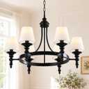 29.9" Black Wagon Wheel Chandelier 6-Light Modern Farmhouse Chandeliers with White Fabric Shades Rustic Hanging Dining Room Light Fixture Over Table Vintage Pendant Light for Living Room Bedroom Foyer