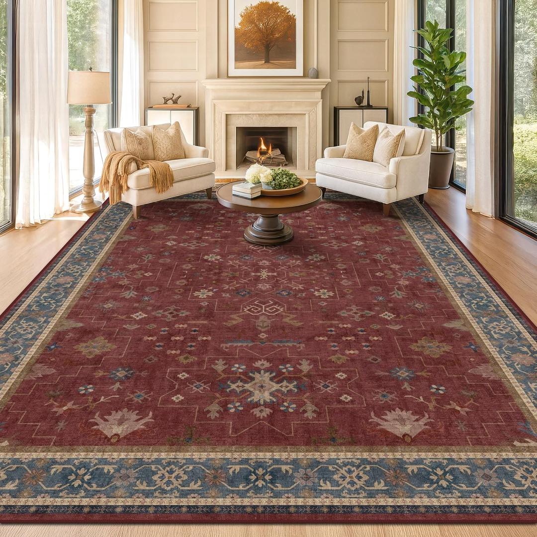Hazo Haus Moroccan Big Rugs for Living Room - Dark Red 10x14 Area Rug for Large Bedroom, Dining Room, Washable Lightweight Low Pile Foldable Oriental Burgendy Home Dcor