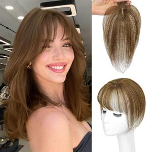 Hair Toppers for Women Real Human Hair-3603D Topper with Bangs for Thinning Hair Clip in Bangs with Upgraded Silk Base Perfect for Daily Wear,46 Brown