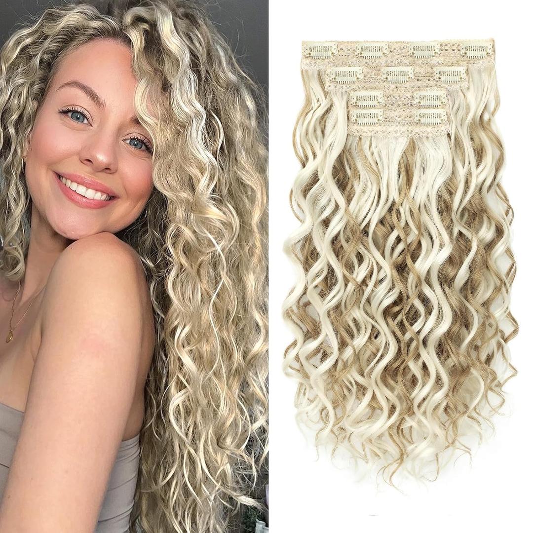 Curly Clip In Hair Extensions, 4PCS 16 Inch Ash Blonde with Highlights Extensions Clip Ins, Lace Weft Short Curly Invisible Natural Hairpieces for Women