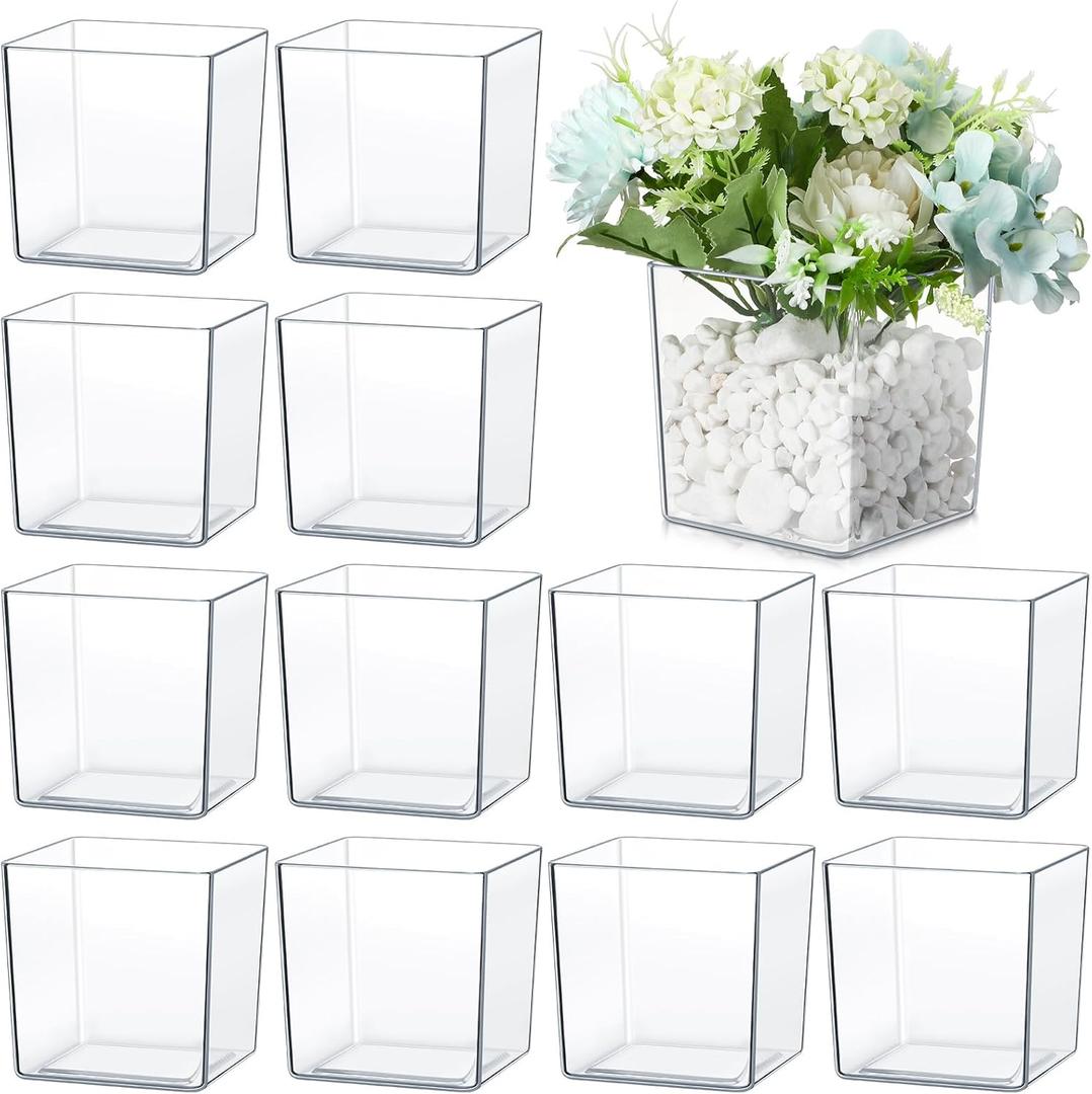 Tioncy 4'' x 4'' 12 Pcs Cube Clear Flower Vase Acrylic Flower Vase Square Acrylic Container Cube Decorative Centerpiece for Plant Wedding Home Office Floral Decor