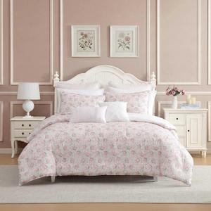 Laura Ashley - Queen Bonus Comforter Set, Reversible Bedding with a Soft Feel, 7 Piece Bed Set with Matching Pillowcases, Euro Shams, & Throw Pillow Covers (Pamelas Posies/Pretty Stripe Pink)