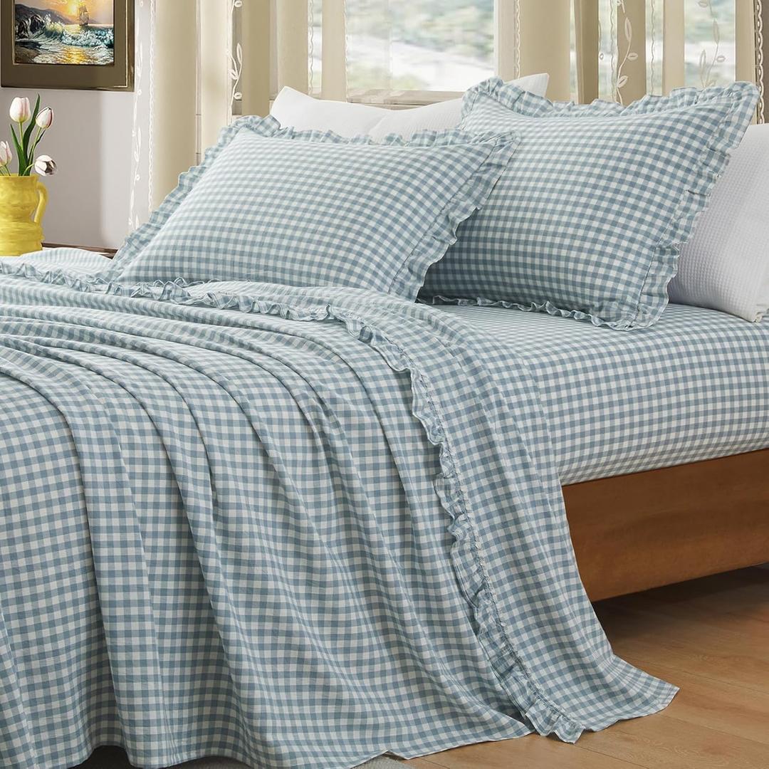 KKJIAF 4 Pieces Plaid Ruffle Full Size Bed Sheets, Cotton Gingham Full Size Sheet Set Linen Feel Comfy Breathable Ruffed Bed Sheet Set with 16 Inch Deep Pocket, Dusty Blue