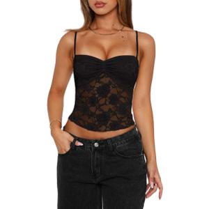 Women Lace Camisole Top Y2k Floral Sheer Mesh Spaghetti Strap Tank Top Summer Sexy Slim Fit Square Neck Shirt S