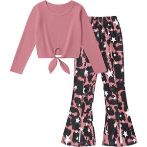 Girl Clothes Solid Knot Front Long Sleeve Pure T-Shirt Tops Split Flare Pants 2Pcs Toddler Girl Outfit (9-10 Years)