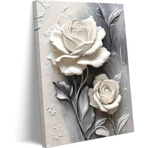 Elegant White Rose Canvas Wall art Modern Abstract Floral Wall Decor Picture White Blooming Flowers Poster Print Painting for Office Living Room Bedroom Bathroom Home Decorate Prepare To Hang, 36"L x 24"W-Canvas